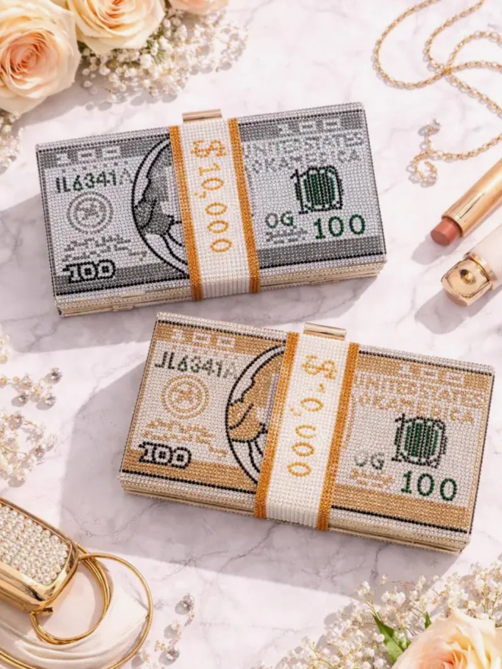 New Statement Dollar Stack Rhinestone Minaudiere Square Clutch Prom Clubwear